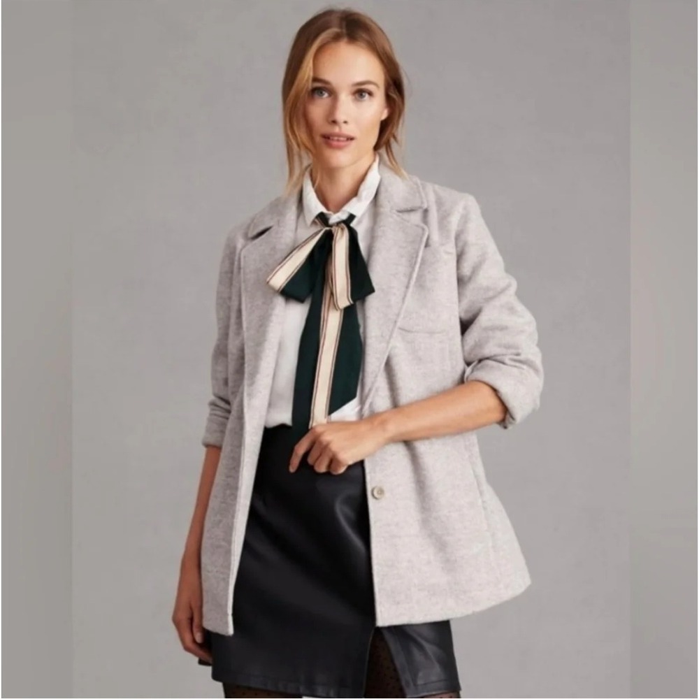 Pilcro Anthropologie Wool Blend Oatmeal Floral Lined Two Button Blazer‎ Jacket L